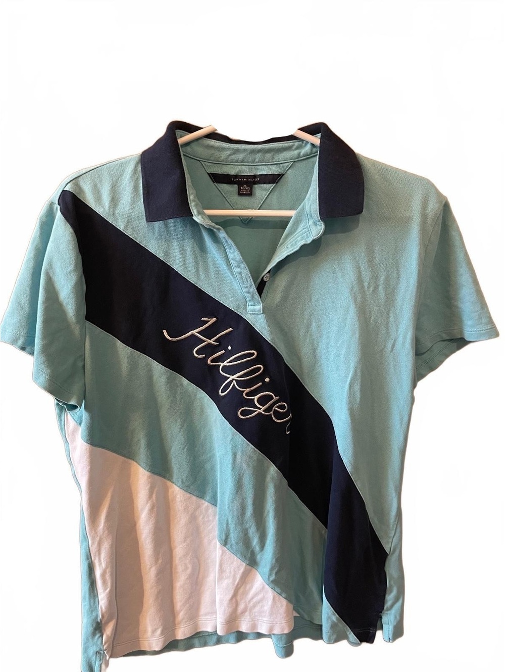 Tommy Hilfiger Y2K Vintage Script Logo Colorblock Polo Shirt XL Blue White